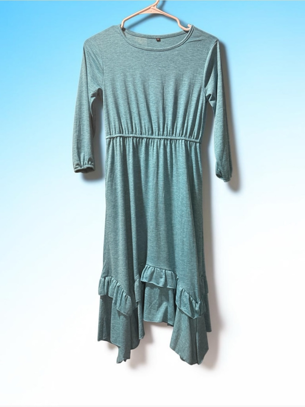 Girls' Teal Ruffle-Hem Long Sleeve Dress by
